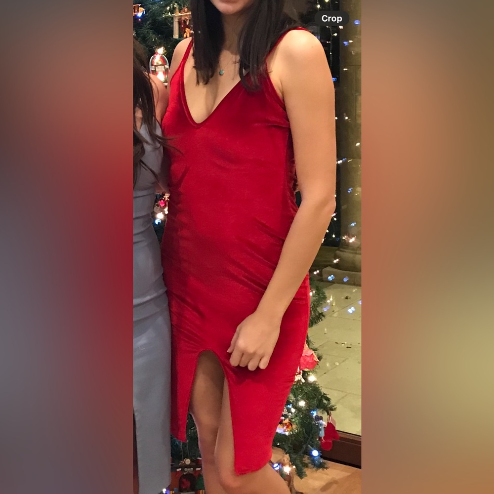 Nasty Gal Red Velvet V-Neck Dress